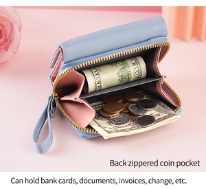 Detail of the back zippered coin pocket on a light blue PU leather compact wallet