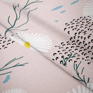 Detail of floral tapestry fabric with daisy prints and soft texture on pink background