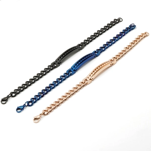 Titanium steel Cuban chain bracelet in black, blue, and rose gold with ID plate