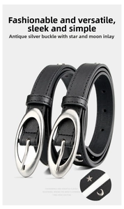 Detail showing star and moon metal inlays on a vintage silver buckle black leather belt