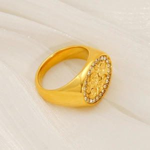 Flower Signet Ring 18K Gold Plated Stainless Steel Oval Face Rhinestone Retro Vintage Fashion Jewelry Women