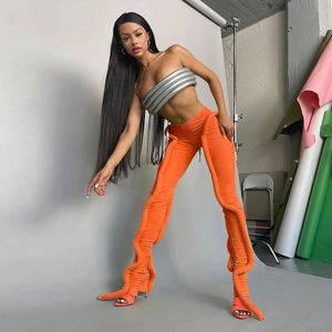 Damen High Waist Rippstrick Modehose Eng Anliegend Stapelung 3D Paspelierung Streetwear Schick Leggings