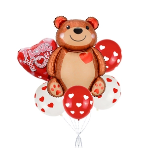 Valentine's Day decoration set with brown bear balloon and red I Love You heart balloon