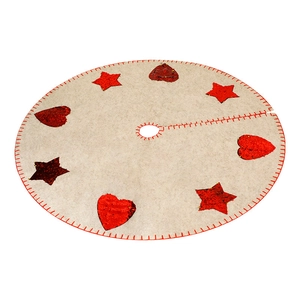 Beige felt Christmas tree skirt with red sequin hearts and stars, 120cm round holiday mat
