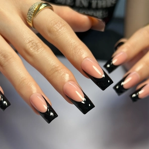 Unghie Finte Press On French Nude Rosa Bordo Nero Rilievo 3D Forma Quadrata Lunga Lucide Per Donna