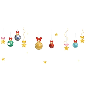 Christmas window stickers with colorful hanging balls, stars, and bows on white background