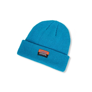 Detail of teal blue knitted beanie showing CLASSIC label and ribbed texture weave
