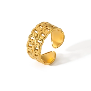Chic double-row chain link open ring in polished gold stainless steel finish