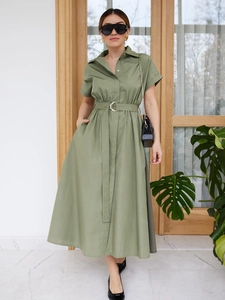 Army green short sleeve cotton shirt dress with button-up front and waist belt