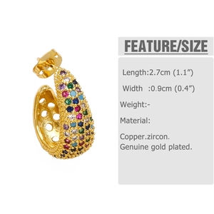 Detail showing 2.7cm C-shaped brass earrings with colorful pavé zircon and 18k gold plating