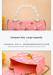 Pink quilted jelly bag with pearl handle and metal rivets showing interior capacity