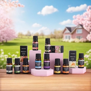 Detailed close-up of 10ml essential oil glass bottles with droppers and colorful boxes