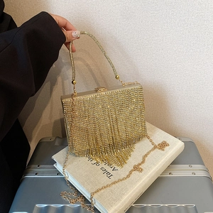 Sparkly Rhinestone Tassel Evening Bag Luxury Clutch Handbag With Artificial Pearl Handle Metal Chain Strap For Party Wedding