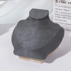 Dark grey microfiber necklace bust display stand with minimalist solid wood base
