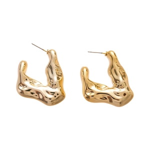 Polished gold organic irregular earrings with flowing liquid metal design and needle studs