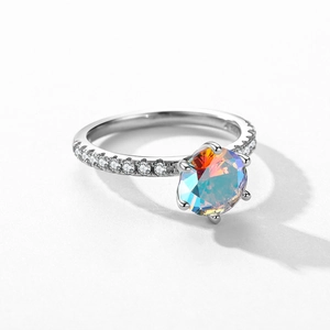 Elegant S925 silver ring featuring a rainbow zircon center stone and side accents