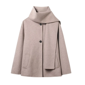 Women Woolen Jacket With Scarf Collar Loose Short Coat Solid Color Winter Outerwear Button Up Minimalist Elegant Style