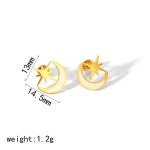 Golden moon and star earrings with white enamel finish, 13mm size, 18k gold plated