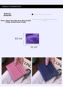 Detailed size chart and multi-color sheepskin woven card holders with 6 slots