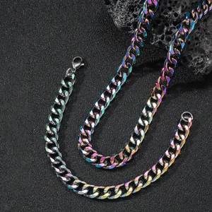 Detail of rainbow gradient Cuban link chain with ion-plated finish on black background