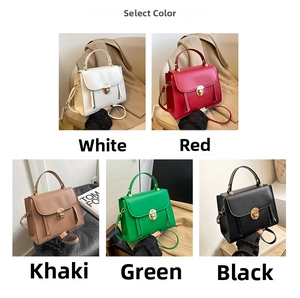 Collage showing various colors of vintage small square bags with metal locks and straps