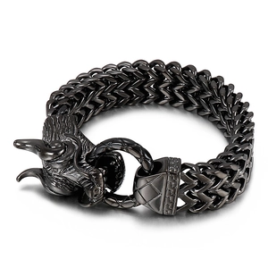 Men's vintage black dragon head bracelet with woven keel chain in polished stainless steel