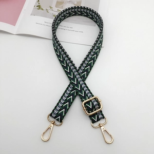 Detail of adjustable nylon bag strap with green chevron pattern and gold metal hooks