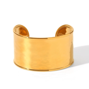 18K gold plated wide cuff bracelet with hammered texture finish in stainless steel