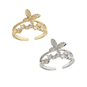 Double-layered butterfly open rings in gold and silver finish with sparkling zircons
