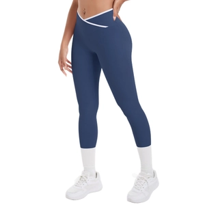 Leggings de yoga bleu marine taille haute avec détail croisé en V blanc à la ceinture