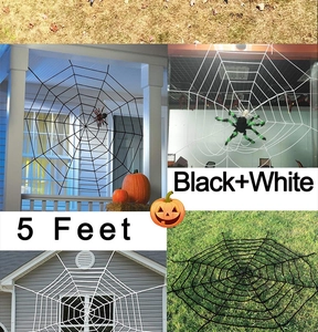 Outdoor Halloween decor showing 5ft spider web setups on porches and lawns