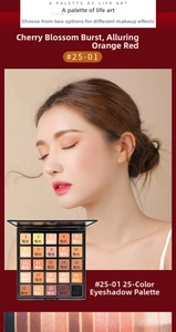 Detail view of 25-color eyeshadow palette #25-01 showing matte and shimmer textures