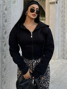 Women Cropped Zip Up Hoodie Polyester Spandex Corset Waist Design Long Sleeve Streetwear Sweatshirt Top