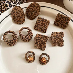 Vintage Leopard Print Flocked Cloth Stud Earrings With 925 Sterling Silver Earring Post Geometric Autumn Winter Accessory