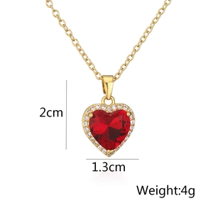 Detail view showing 2cm red heart zircon pendant dimensions and 18K gold plated chain necklace