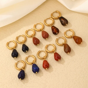 Minimalist gold hoop earrings with natural stone teardrop pendants in multiple colors