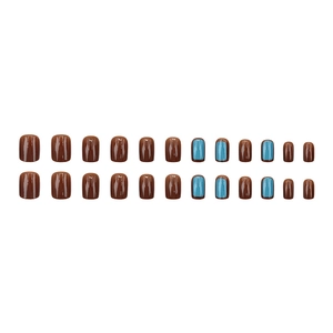 Short square-oval faux nails in deep coffee and bright blue glossy finish, 24 pieces set