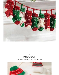 Detail view of numbered 1-8 knitted Christmas advent stockings hanging on a white fireplace
