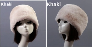 Detailed front and side view of khaki faux rabbit fur winter hat for elderly women