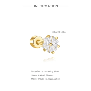 Macro detail of S925 sterling silver star earring with AAAAA zirconia and size metrics