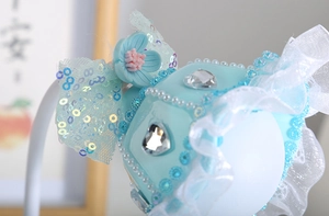 Dettaglio della testa lampada fai-da-te blu con fiori 3D, fiocco lucido e perline