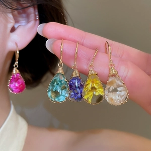 Handmade Resin Dried Flower Hook Earrings Korean Style Water Drop Copper Wire Wrapped Floral Dangle Earrings For Women Jewelry