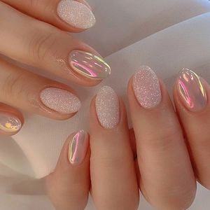 W974 Nude Pink Glitter Press On Nails Oval Shape Sweet Aurora Fake Nails With Glue For Women Daily Party Nail Art