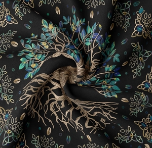 Detailed texture of Tree of Life tapestry with Celtic knots and gradient leaf patterns