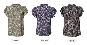 Short sleeve floral shirts for women shown in green, dark blue, and black color options