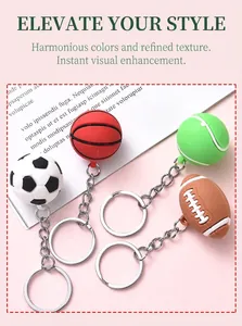 Detailed view of assorted sports ball keychains including soccer, basketball, and tennis balls