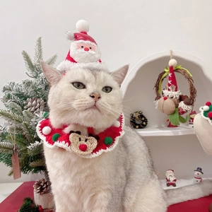 Handmade crochet pet Santa hat and reindeer bib set for festive Christmas dressing