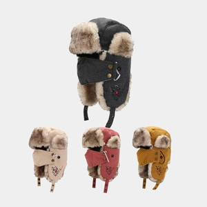 Winter Trapper Hat With Face Mask Faux Fur Lining Windproof Earflaps Dog Embroidery Pilot Cap For Outdoor Cold Weather