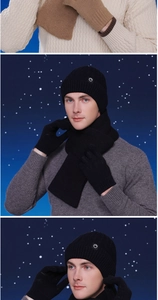 Detailed knit texture of winter beanie, scarf, and gloves set with soft fleece lining