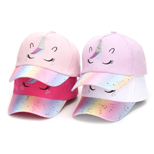 Kids unicorn baseball caps with glitter brim in pink, purple and white colors
